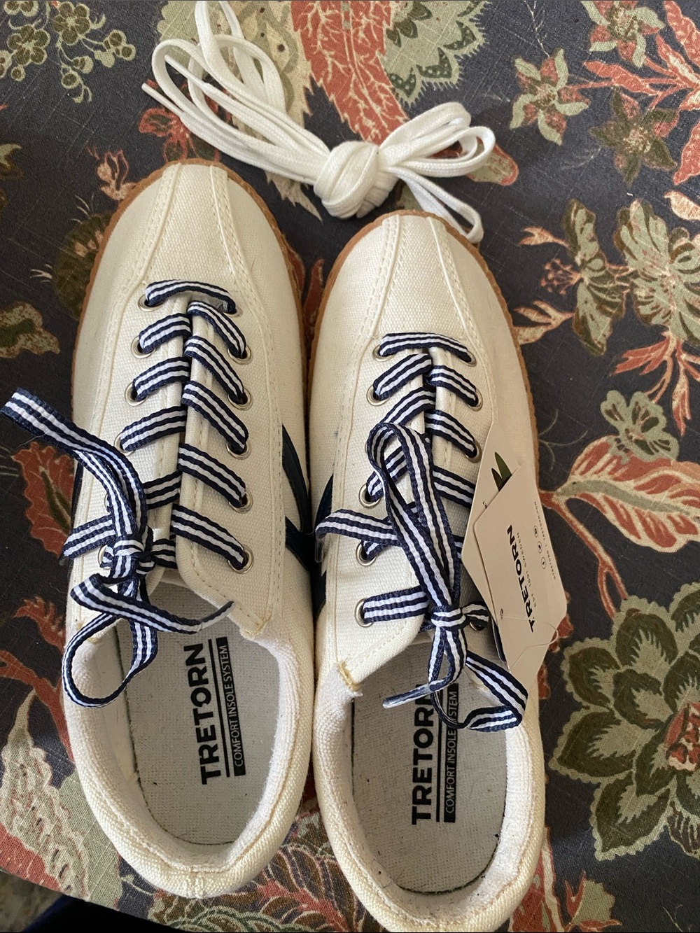 Tretorn Cream Canvas Sneakers with Navy Stripe Laces